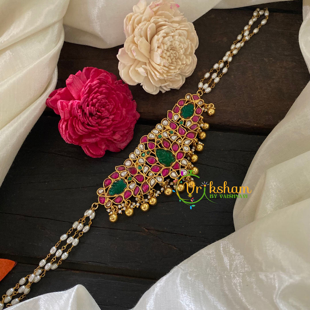 Jadau Kundan Pearl High Neck Choker -White Pink Green -J1056