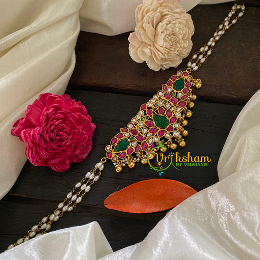 Jadau Kundan Pearl High Neck Choker -White Pink Green -J1056