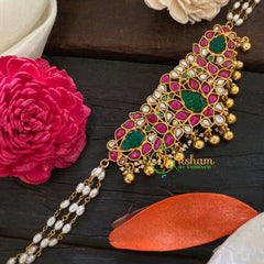 Jadau Kundan Pearl High Neck Choker -White Pink Green -J1056