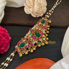 Jadau Kundan Pearl High Neck Choker -White Pink Green -J1056