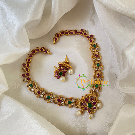 Premium AD Stone Short Neckpiece-Red Green-G6511