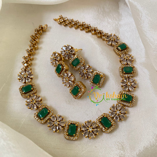 Elegant Premium AD Stone Choker Short Neckpiece-Green white -G6399