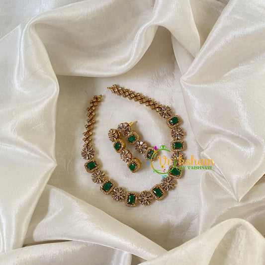 Elegant Premium AD Stone Choker Short Neckpiece-Green white -G6399