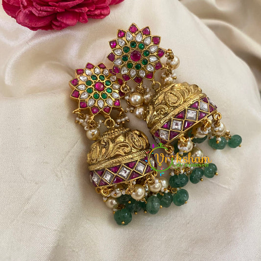 Precious Jadau Kundan Green Bead Bridal Jhumkas -J479