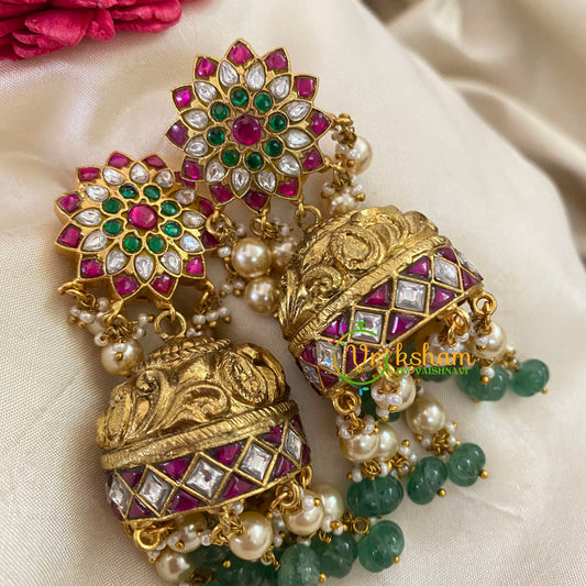 Precious Jadau Kundan Green Bead Bridal Jhumkas -J479