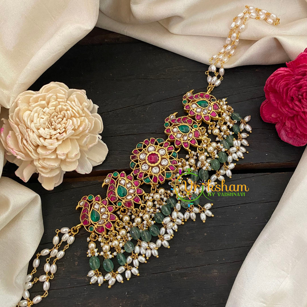 Jadau Kundan Pearl High Neck Choker -Floral Peacock-J1055