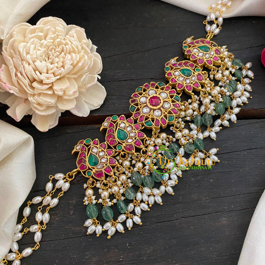 Jadau Kundan Pearl High Neck Choker -Floral Peacock-J1055