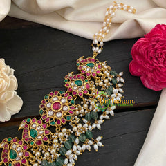 Jadau Kundan Pearl High Neck Choker -Floral Peacock-J1055