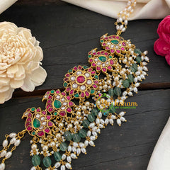 Jadau Kundan Pearl High Neck Choker -Floral Peacock-J1055