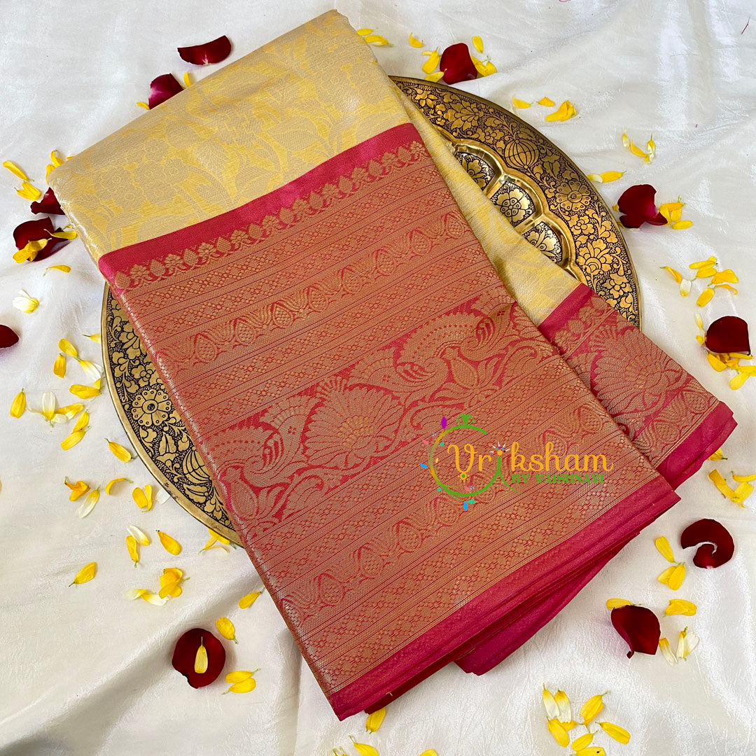 Pastel Yellow Semi Benarasi Saree-Vine-VS542