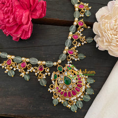 Precious Jadau Kundan Pendant Pastel Green Bead Neckpiece -J1036