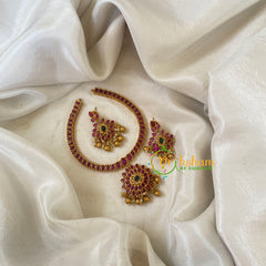 Red Green AD Stone Addigai Short Neckpiece-Gold bead-G6534