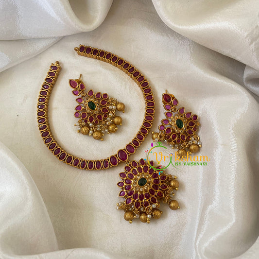 Red Green AD Stone Addigai Short Neckpiece-Gold bead-G6534