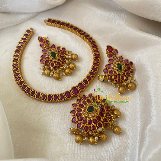 Red Green AD Stone Addigai Short Neckpiece-Gold bead-G6534