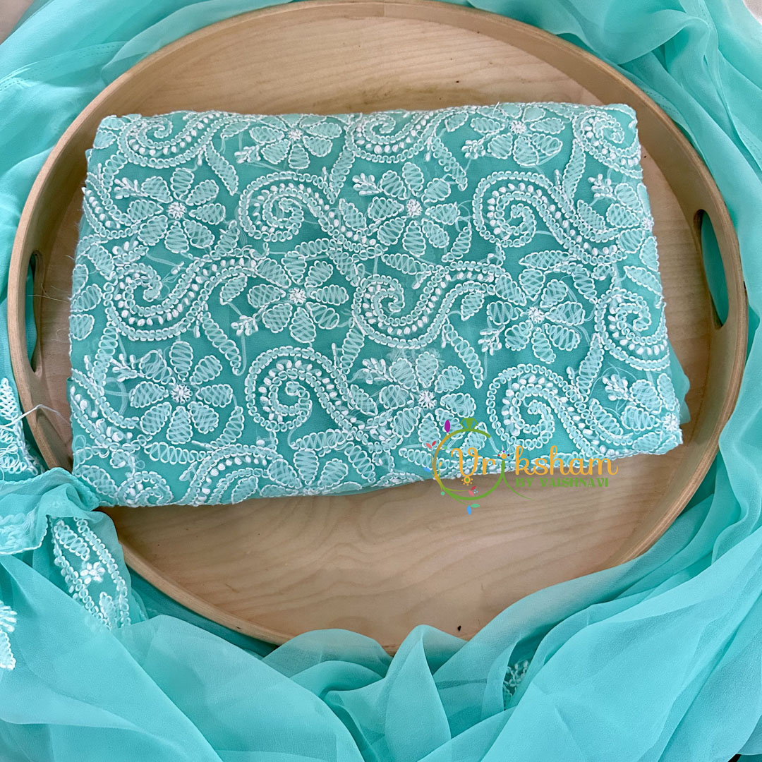 Aqua Green Blue Chikankari Suit Material Set-VS1686