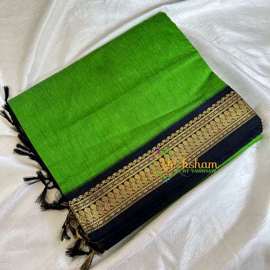Parrot Green Saree with Black Border -Kalyani Cotton Saree -VS483