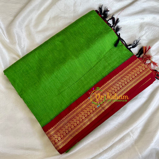 Grass Green Saree with Maroon border- Kalyani Cotton-VS478