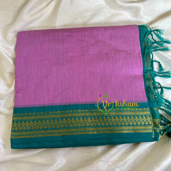 Lavender Pink Saree with Turquoise Border -Kalyani Cotton Saree -VS496