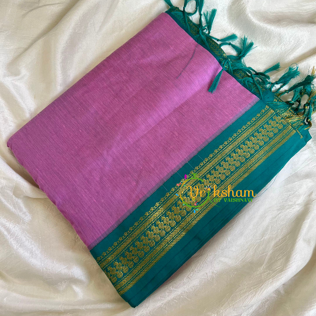Lavender Pink Saree with Turquoise Border -Kalyani Cotton Saree -VS496