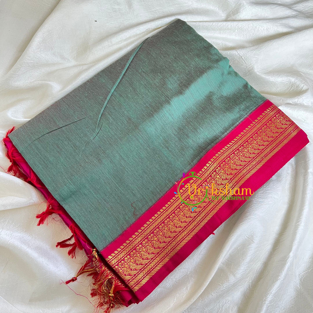 Teal Saree with Pink Border -Kalyani Cotton Saree -VS486