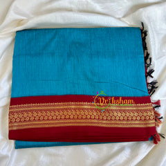 Turquoise Blue Saree with Maroon Border-Kalyani Cotton-VS491