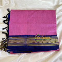 Candy Pink Saree with Blue Border-Kalyani Cotton-VS492