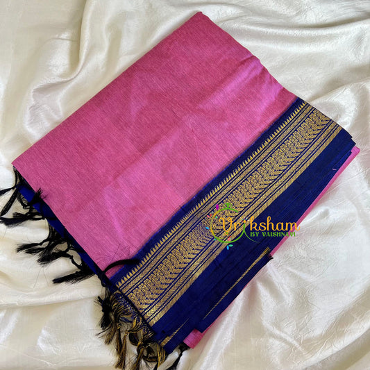 Candy Pink Saree with Blue Border-Kalyani Cotton-VS492