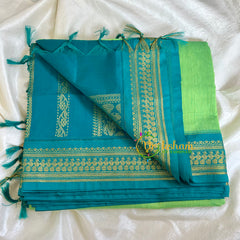 Light Green Saree with Teal Border- Kalyani Cotton  -VS473