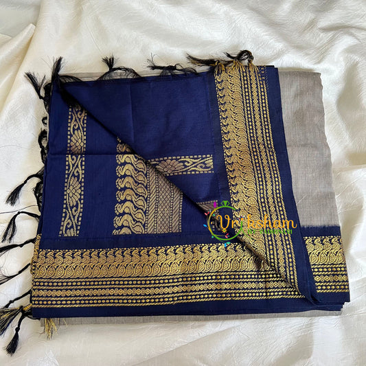 Grey Saree with Blue Border -Kalyani Cotton Saree -VS484