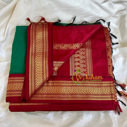 Dark Green Saree with Maroon Border- Kalyani Cotton -VS470