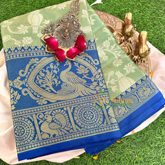 Cardamom Green Semi Benarasi Saree With Blue Border -VS1156