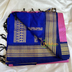 Candy Pink Saree with Blue Border-Kalyani Cotton-VS492