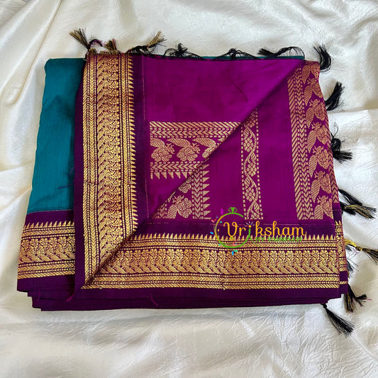 Teal Saree with Purple Border- Kalyani Cotton -VS471