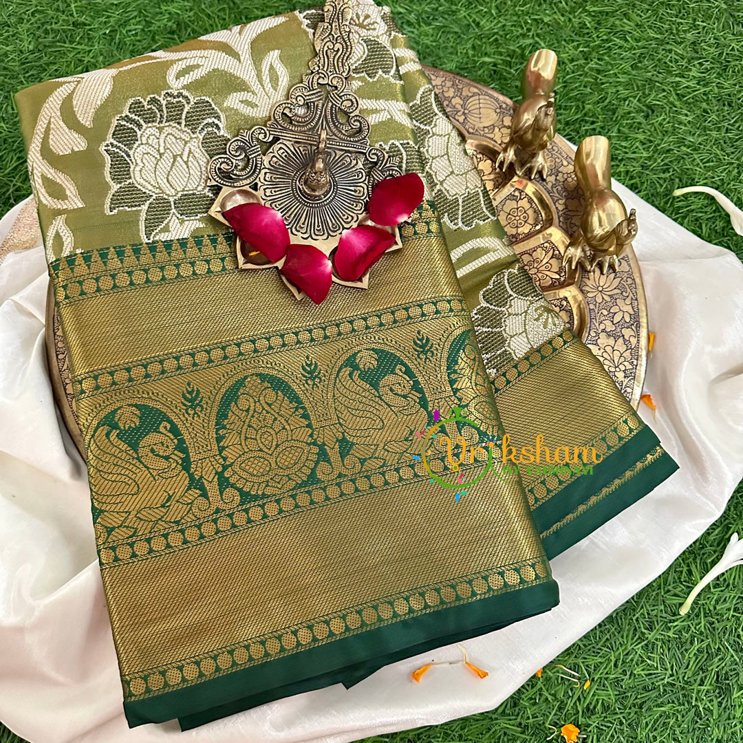 Moss Green Semi Benarasi Saree with Dark Green Border -VS1160