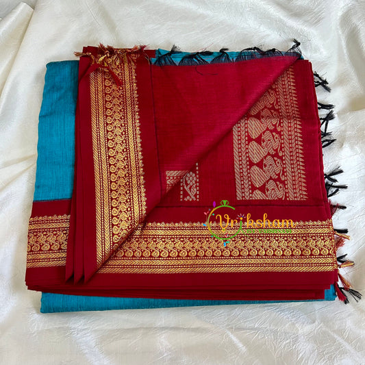 Turquoise Blue Saree with Maroon Border-Kalyani Cotton-VS491