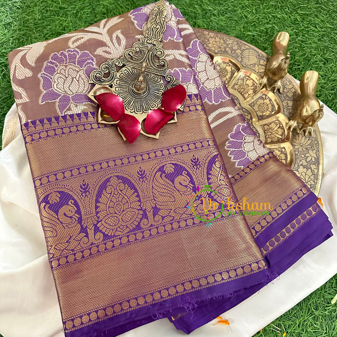 Brown Semi Benarasi Saree with Violet Border -VS1202