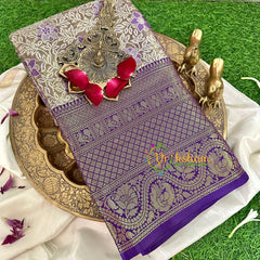 Elephant Grey Semi Benarasi Saree with Purple Border -VS1201