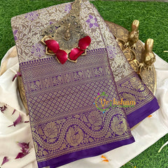 Elephant Grey Semi Benarasi Saree with Purple Border -VS1201