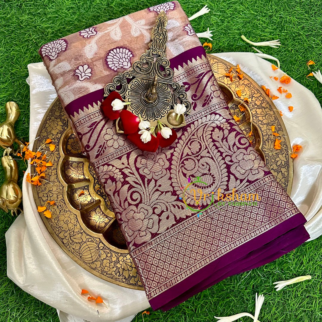 Pastel Semi Benarasi Saree with Purple Border -VS1179