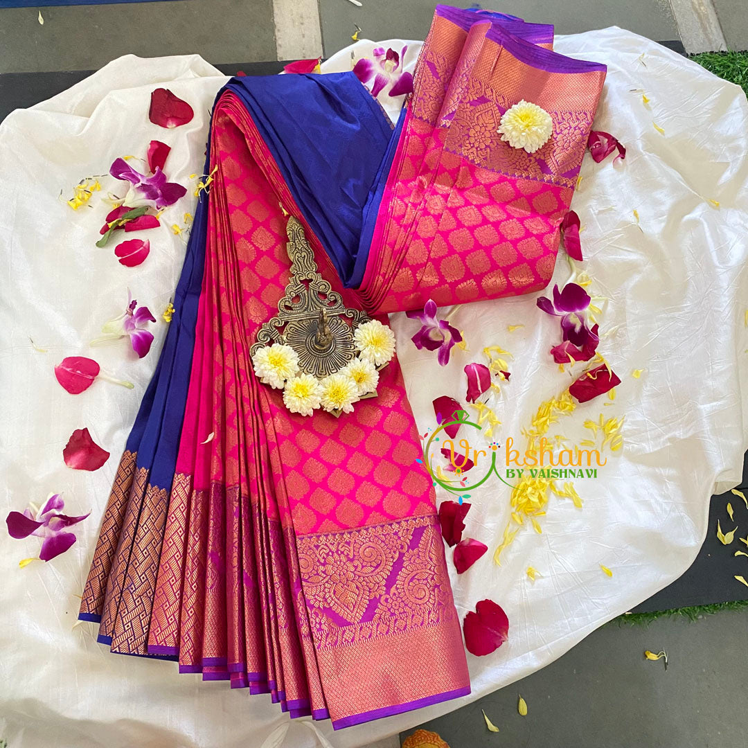 Pink with Blue Soft Silk Saree-VS320