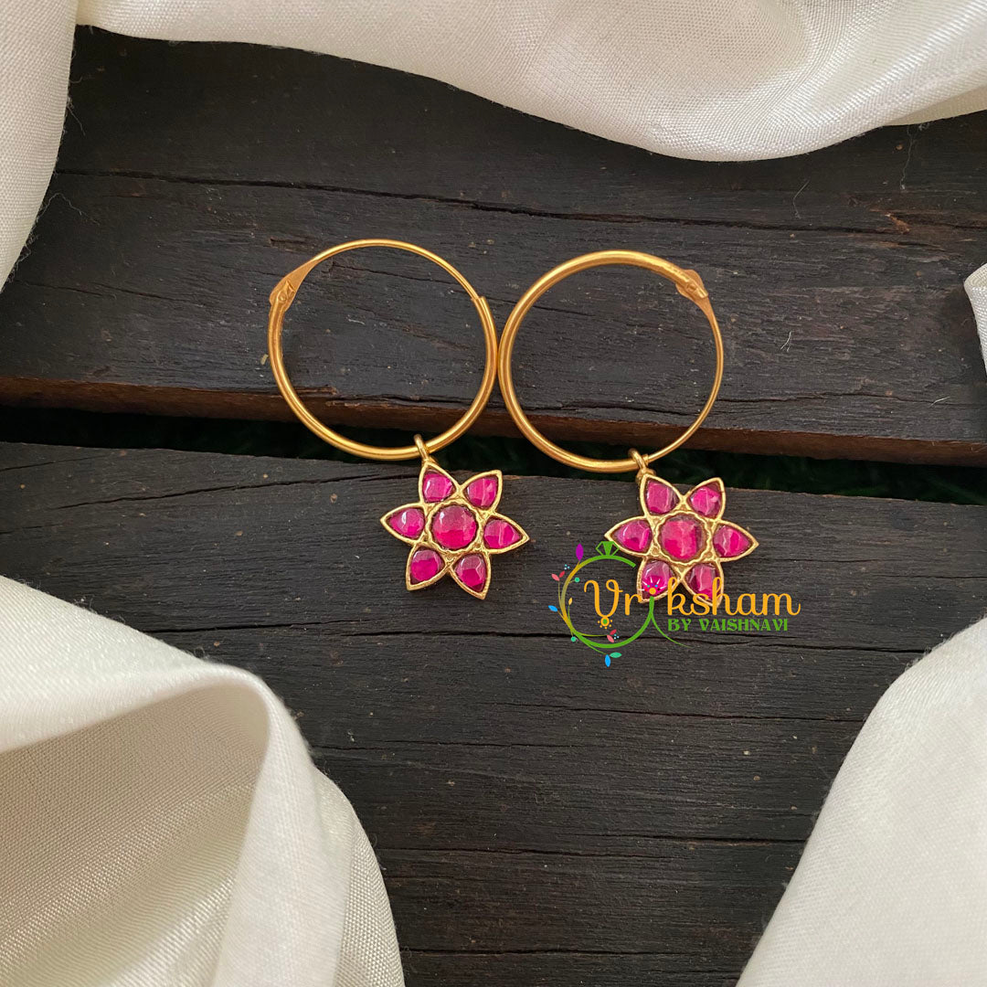 Precious Kundan Jadau Earrings -Hoops-Flower-Pink -J801