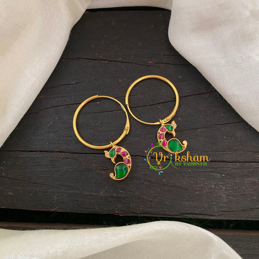 Precious Kundan Jadau Earrings -Hoops-Peacock- Red Green -J800