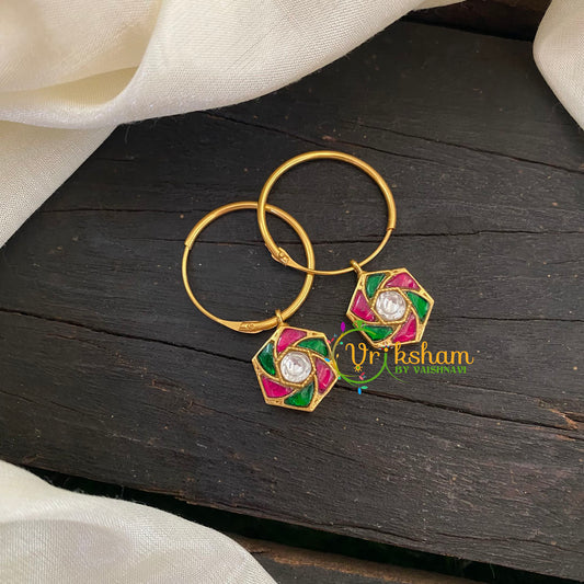 Precious Kundan Jadau Earrings -Hoops -Red Green-J689