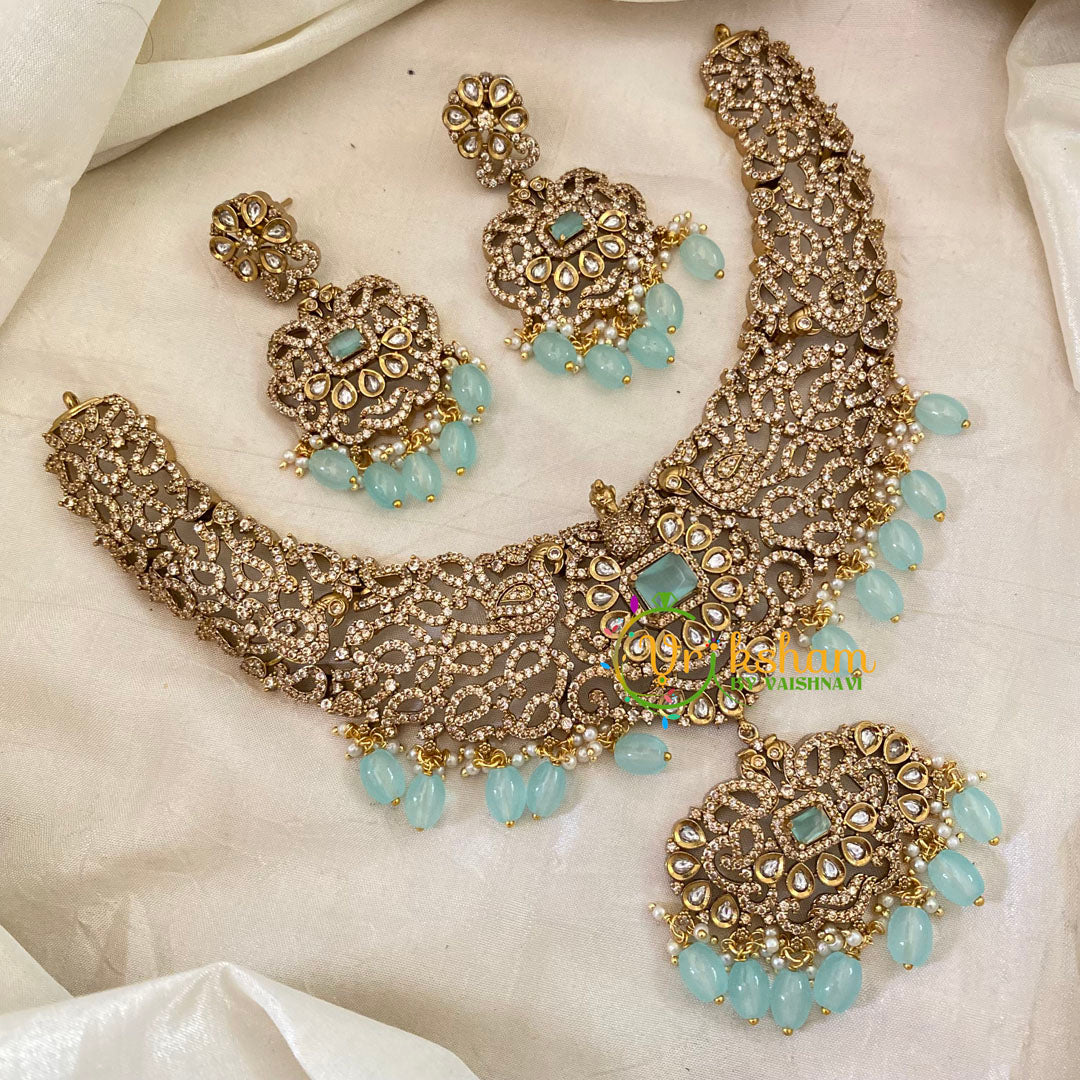 Pastel Blue Green Victorian Diamond Short Neckpiece -VV642