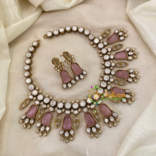 Pastel Pink Designer Victorian Diamond Short Neckpiece -VV645