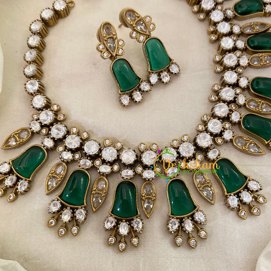 Dark Green Designer Victorian Diamond Short Neckpiece -VV647