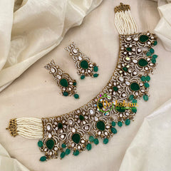 Emerald Green Bead Victorian Diamond High Neck Choker -VV653