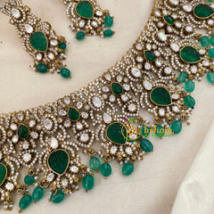 Emerald Green Bead Victorian Diamond High Neck Choker -VV653