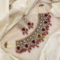 Red Bead Victorian Diamond High Neck Choker -VV654