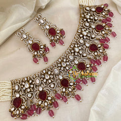 Red Bead Victorian Diamond High Neck Choker -VV654